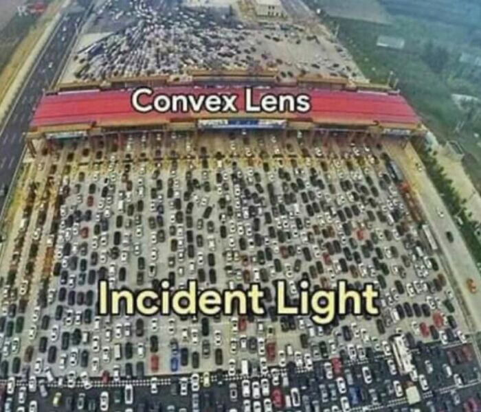 Aerial view of heavy traffic illustrating physics concept of convex lens and incident light in a fun meme format.
