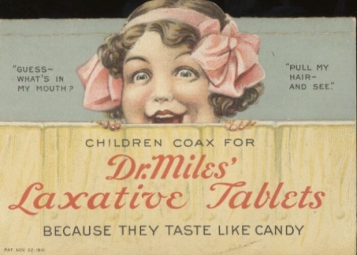 Vintage ad showing a child promoting laxative tablets with a playful expression from ridiculous pics of the past.