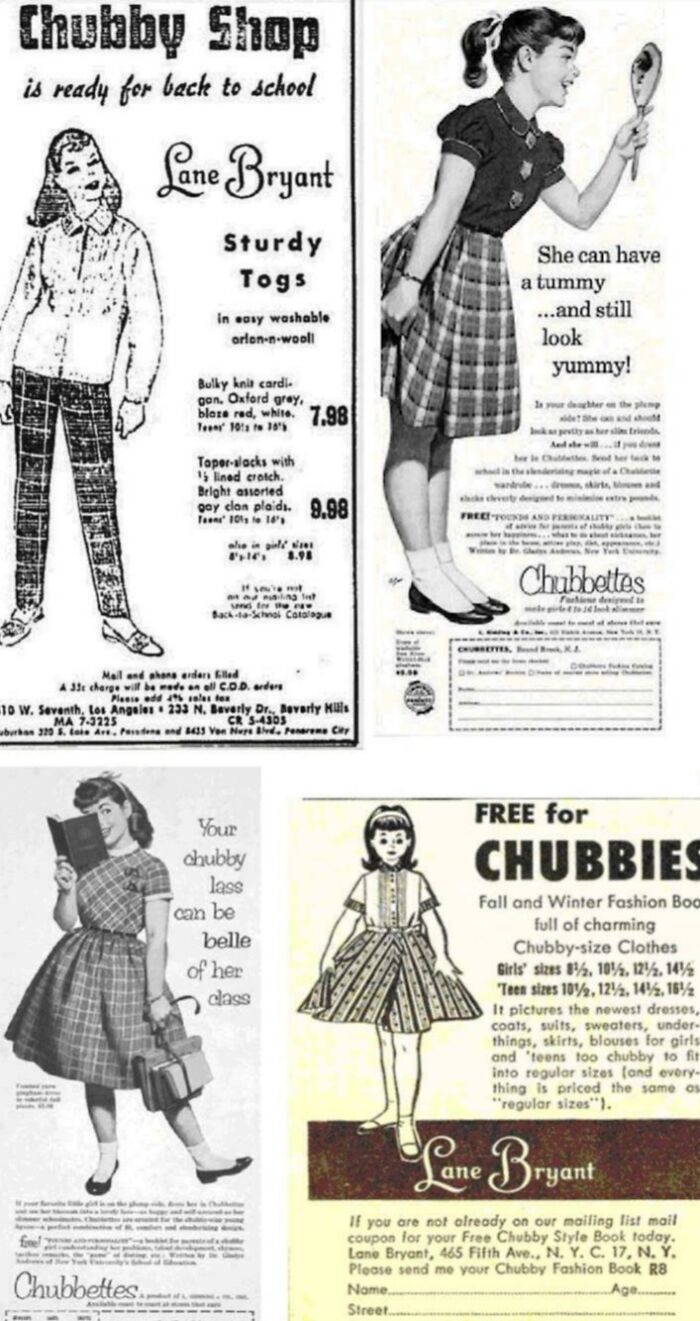 Vintage Chubby shop ads showcasing chubby-size clothes for girls and teens in retro back-to-school fashion styles.