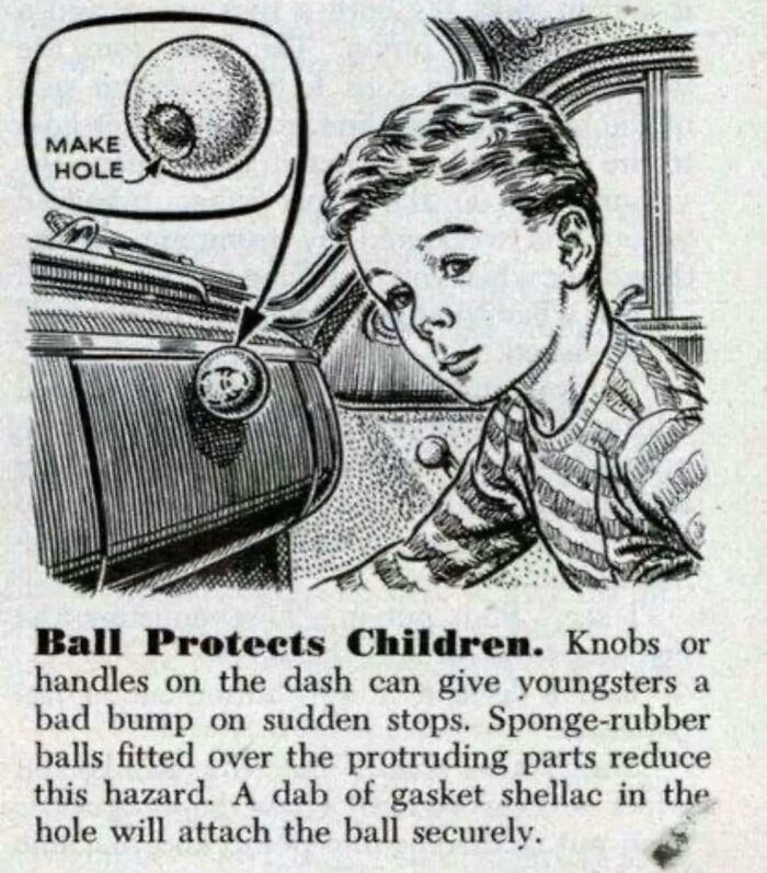 Vintage safety tip showing a child and a sponge-rubber ball on a car dashboard from ridiculous pics past.