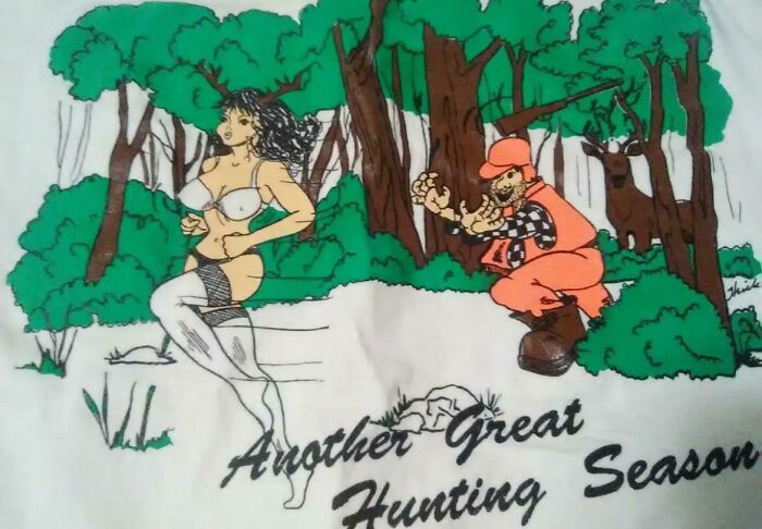 Vintage hunting illustration showing a man chasing a scantily clad woman in the forest, a ridiculous past pic.