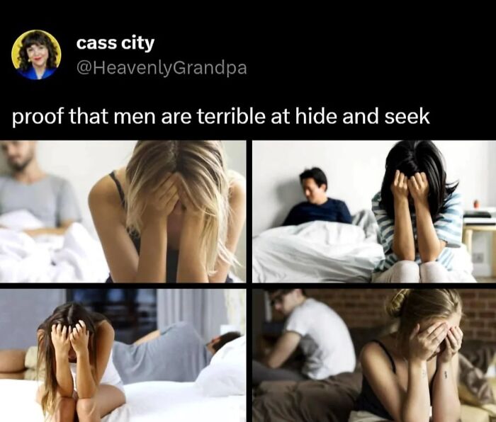 Multiple images of frustrated women covering their faces with hands, illustrating internet lies humor with absurd humor.