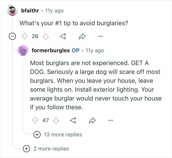 Reddit conversation with former burglars sharing tips on how to avoid burglaries by choosing targets and deterrents.