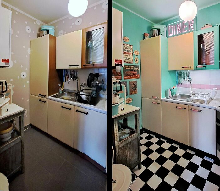 Before and after home renovation showing kitchen transformation with updated decor and checkerboard flooring.