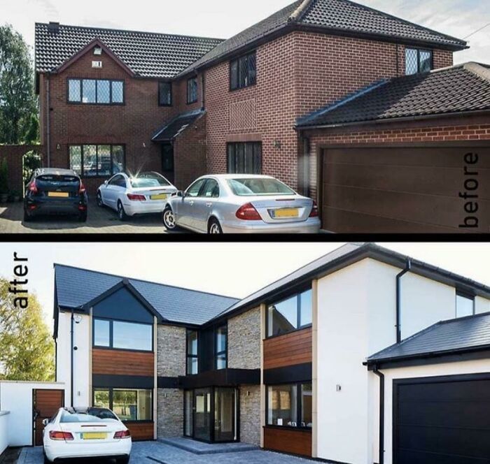 Before and after home renovation showing a modernized exterior with updated materials and design features.