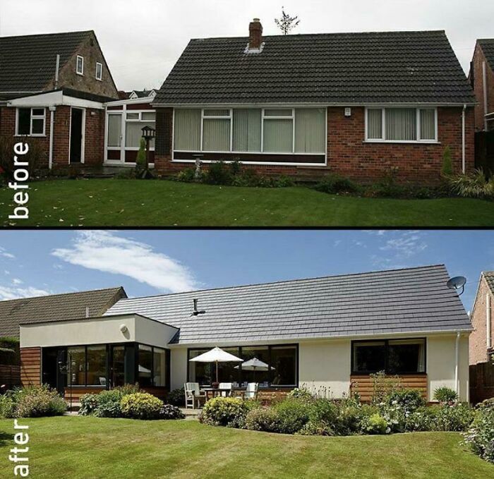 Before and after home renovation showing a modern exterior transformation in a stylish home renovation project.