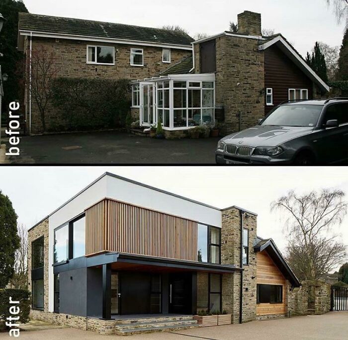 Before and after home renovation showing a modernized exterior with wood and stone elements, highlighting impressive home renovation results.