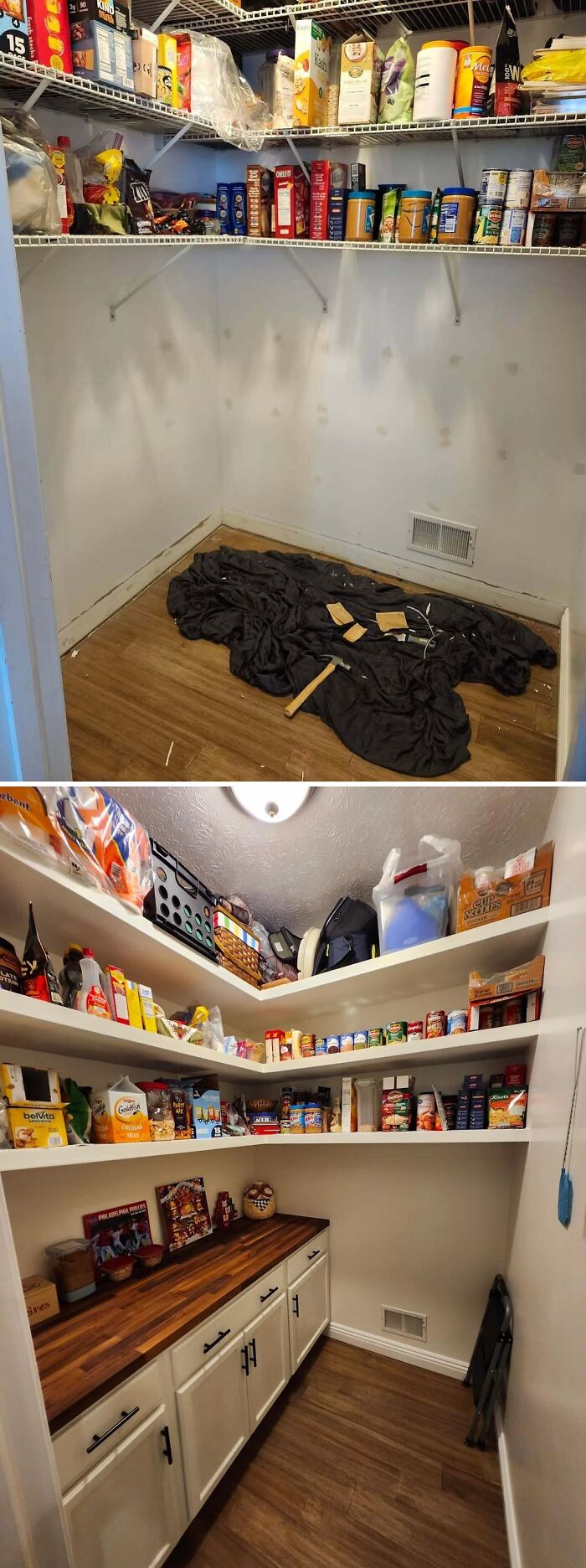 Before and after home renovation showing a transformed pantry with organized shelves and new cabinetry.