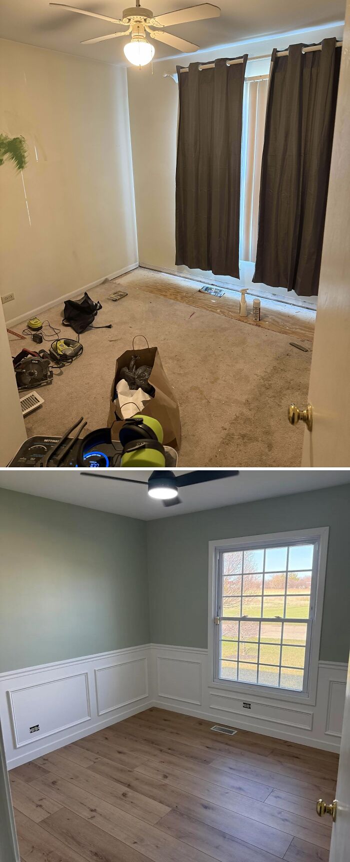 Before and after home renovation showing a transformed room with new flooring, fresh paint, and updated window trim.
