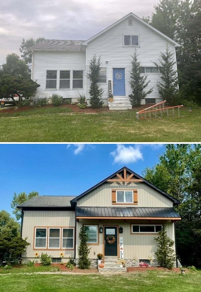 Before and after image of a home renovation showcasing a modern farmhouse exterior transformation in a green yard.