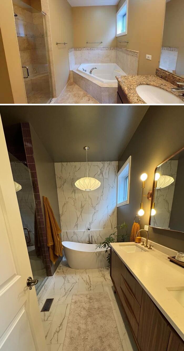Bathroom renovation before and after showing modern home renovation with new bathtub, lighting, and tiles.