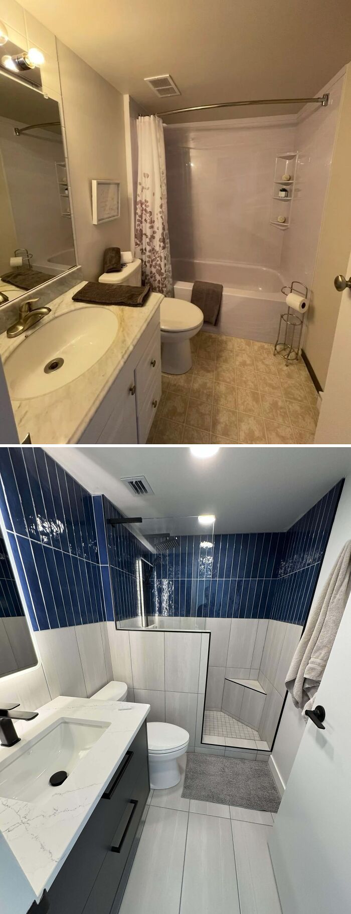 Modern home renovation bathroom transformation with sleek tiles, glass shower, and updated vanity showcasing impressive home renovation.