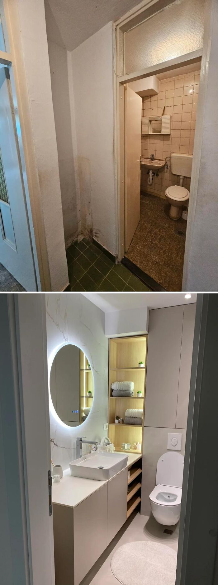 Before and after home renovation showing a small outdated bathroom transformed into a modern, stylish space.