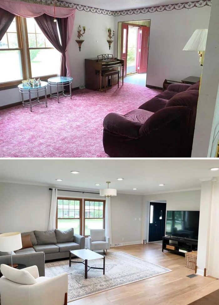 Living room before and after renovation showing modern furniture, neutral colors, and improved lighting in home renovation project.
