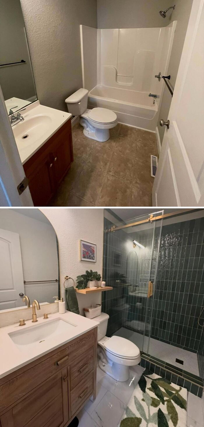 Bathroom renovation before and after showing upgraded fixtures, modern vanity, glass shower, and stylish tile in home renovation project.