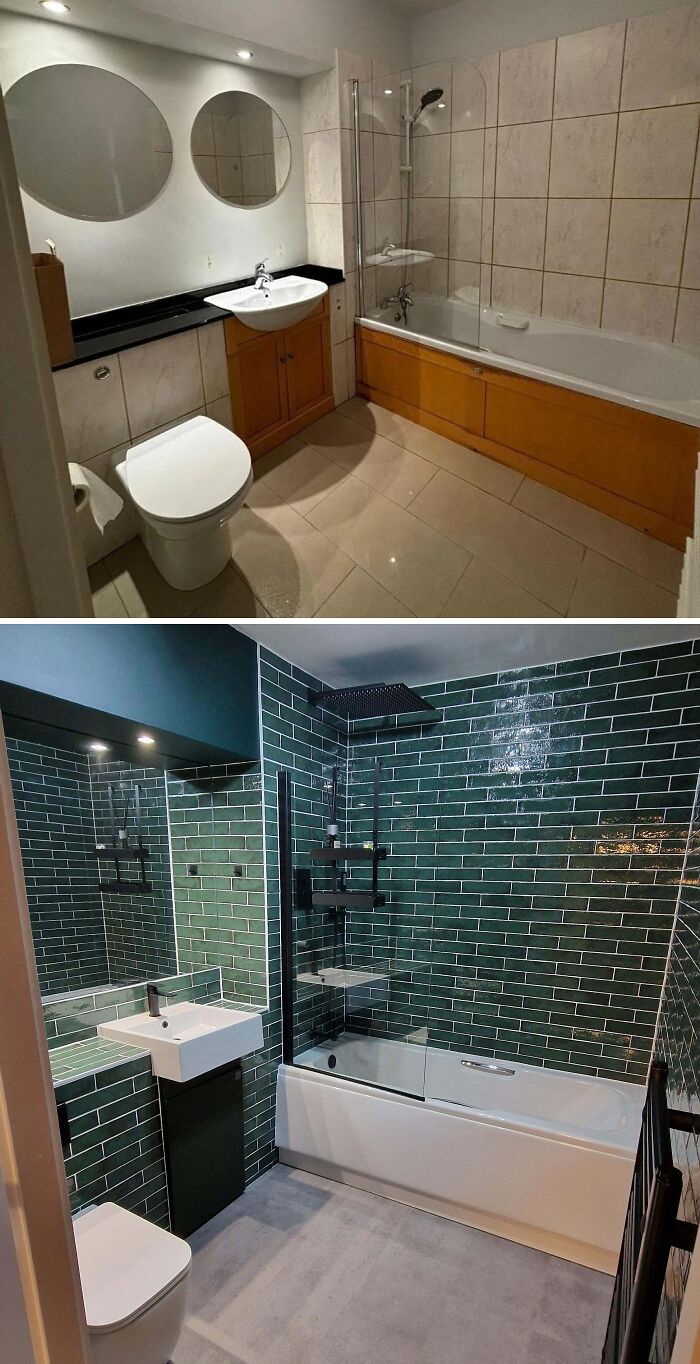 Modern bathroom renovation with green tiled walls, updated sink and toilet, and new shower in a stylish home renovation.