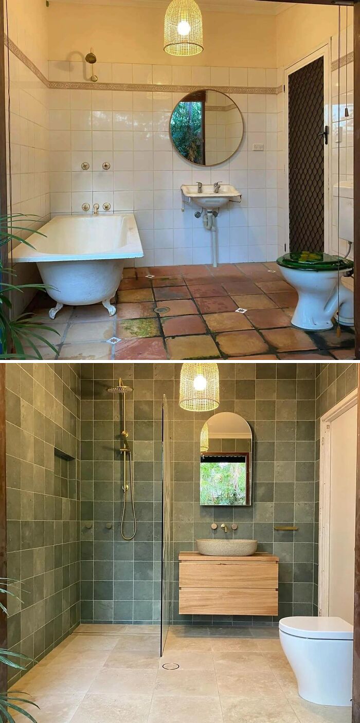 Before and after home renovation showing bathroom transformation with modern tiles, fixtures, and a sleek shower in a renovated home.