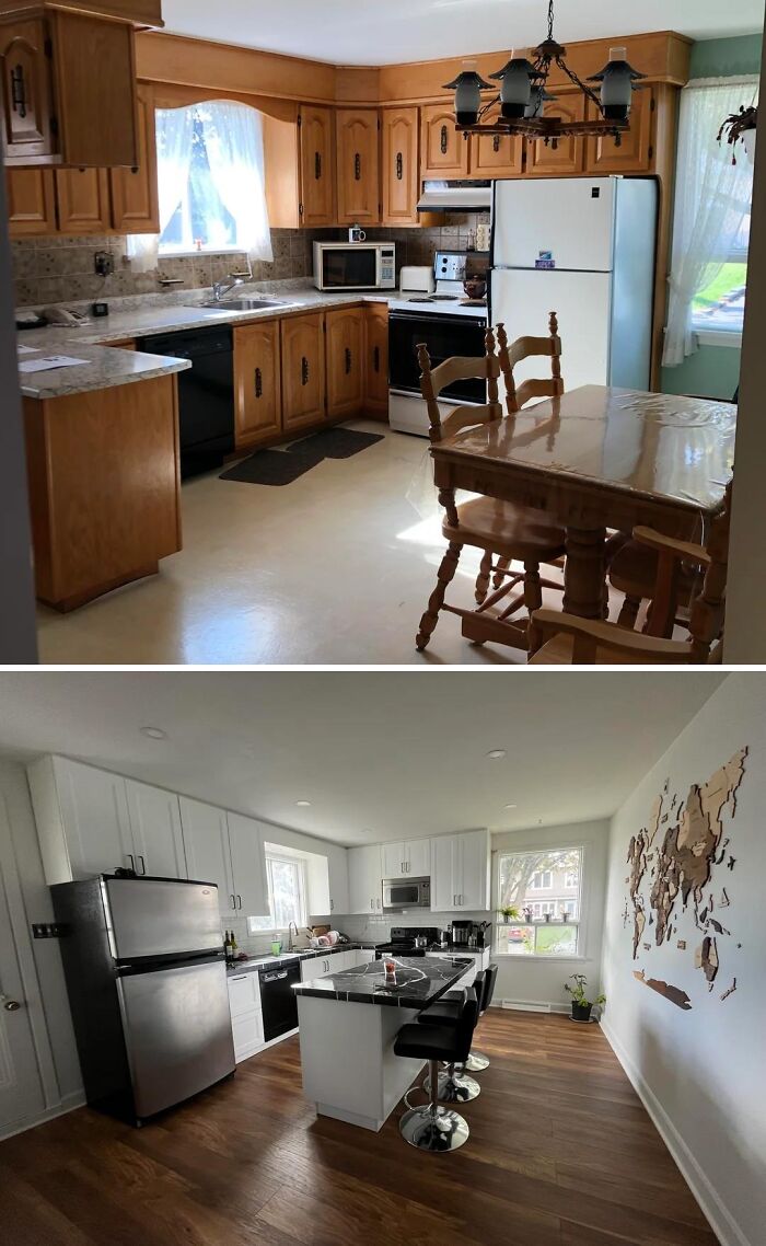 Before and after home renovation showing a modern kitchen transformation with updated appliances and flooring.