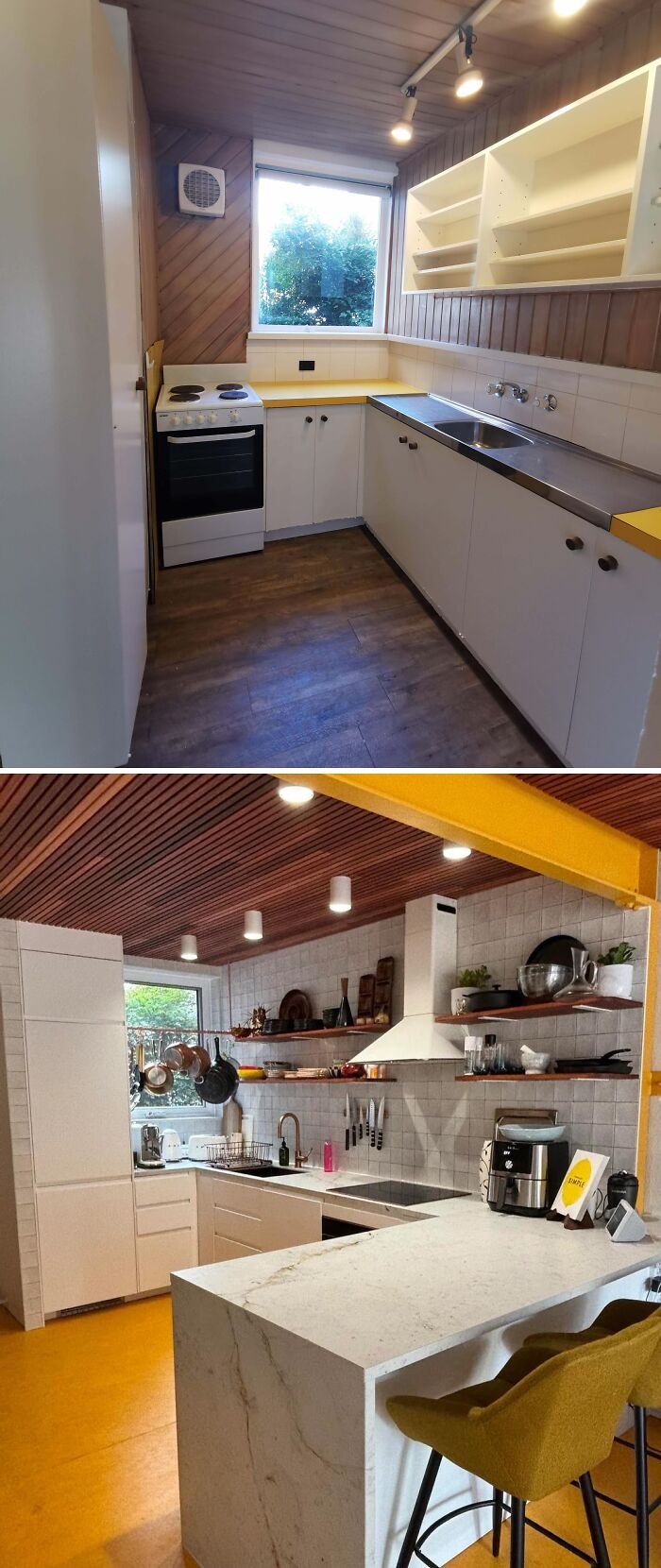 Before and after home renovation showing a modern kitchen makeover with updated cabinets and countertops.