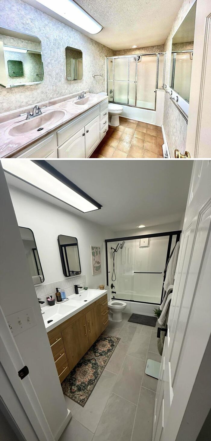 Before and after bathroom renovation showing modern fixtures, double sinks, and updated flooring in home renovation project.