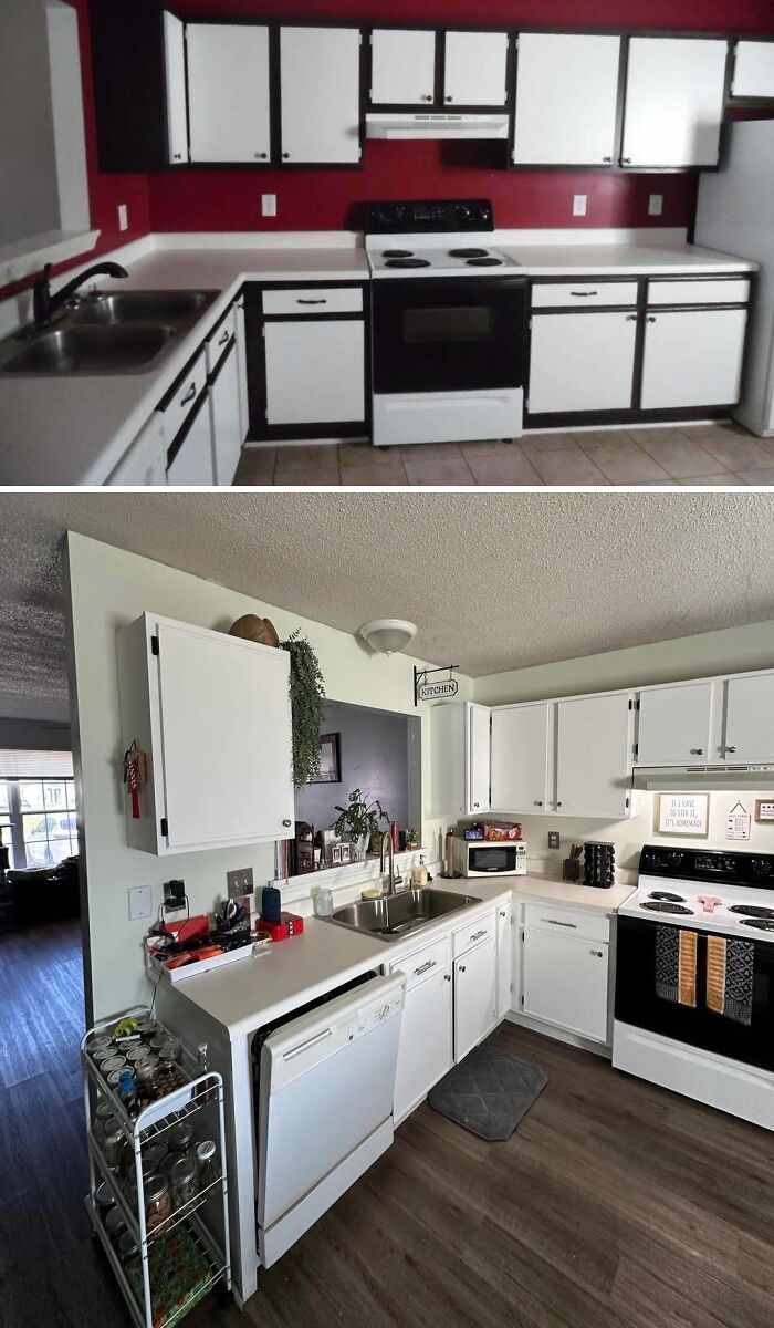 Before and after home renovation of a kitchen showing updated cabinets, countertops, and flooring in a bright, modern space.