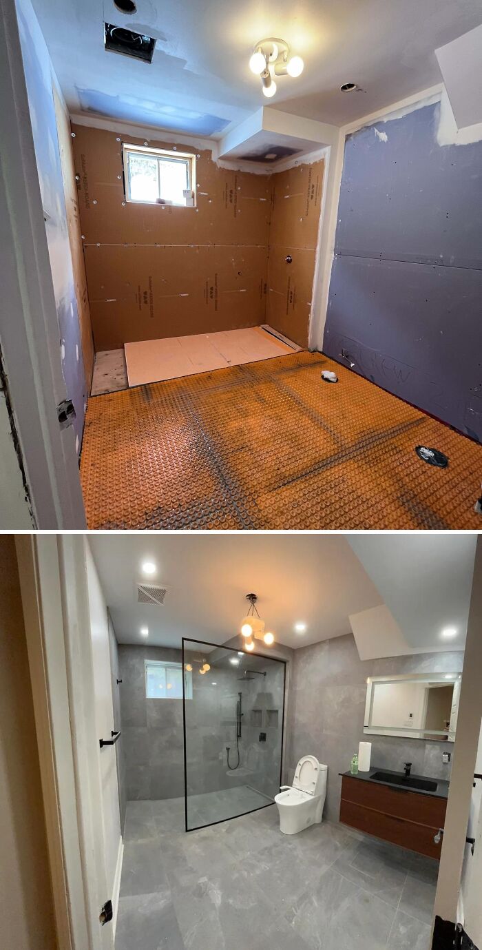 Home renovation before and after showing a basement bathroom transformed with modern tiles and fixtures in a sleek design.