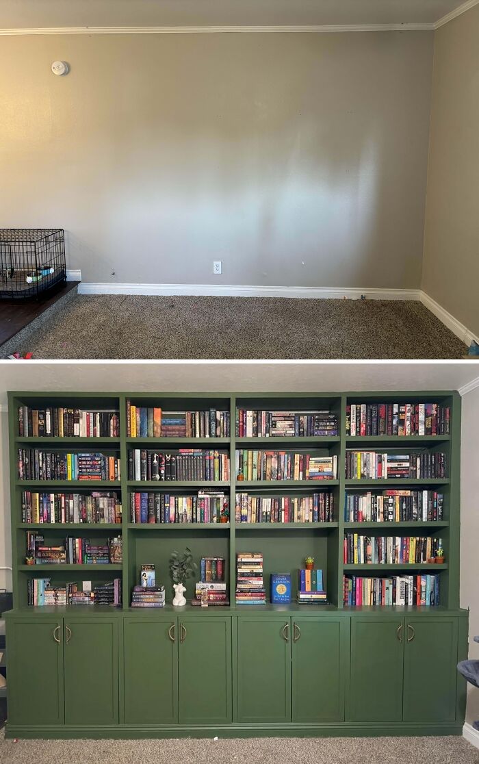 Before and after home renovation showing a built-in green bookshelf filled with books and decor, enhancing living space.