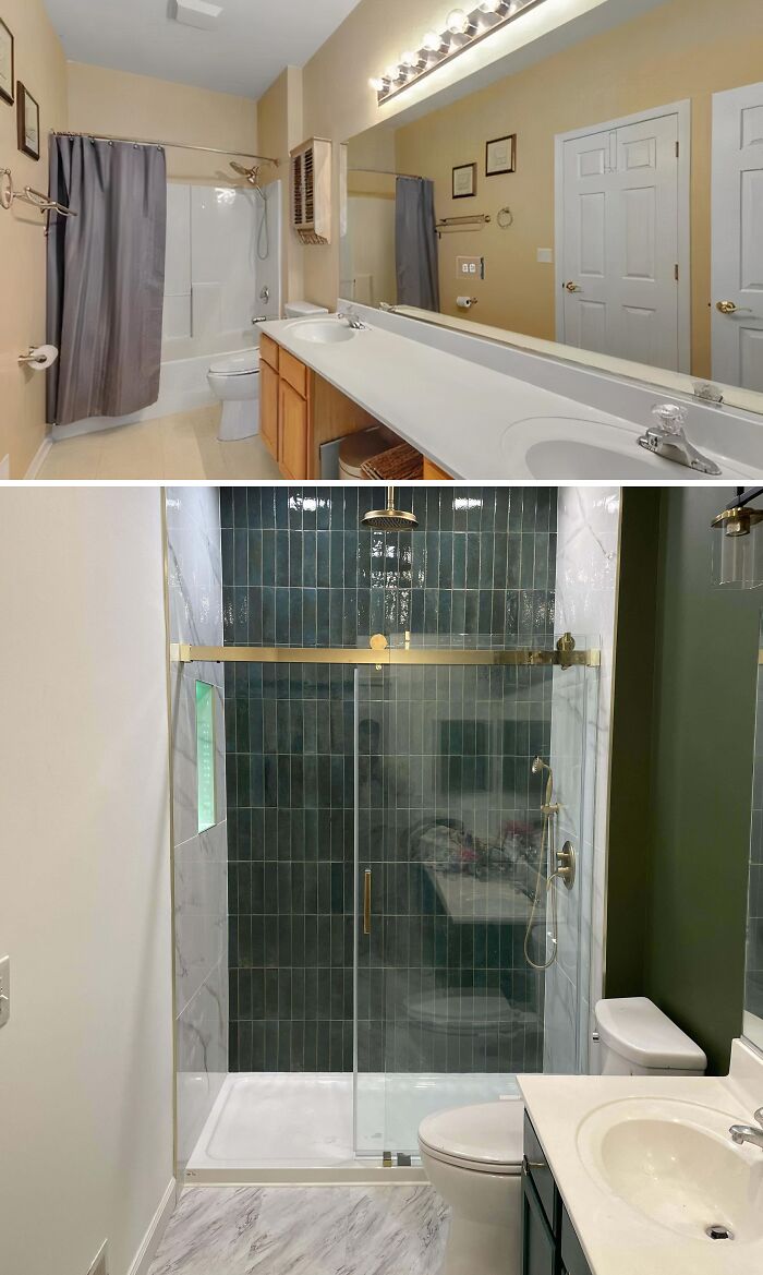 Before and after home renovation showing a modern bathroom upgrade with glass shower and sleek fixtures.