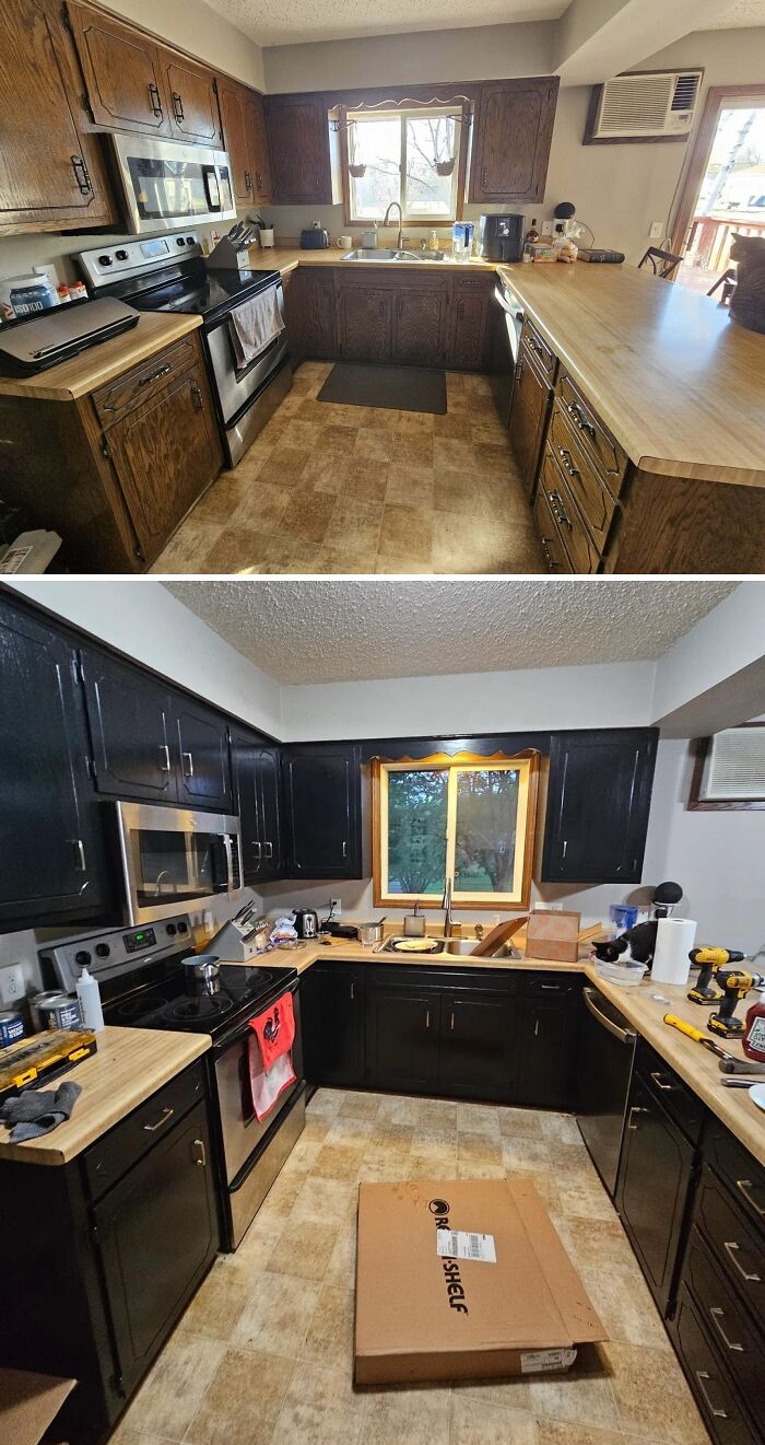Before and after home renovation showing a kitchen with updated dark cabinets and refreshed countertops.