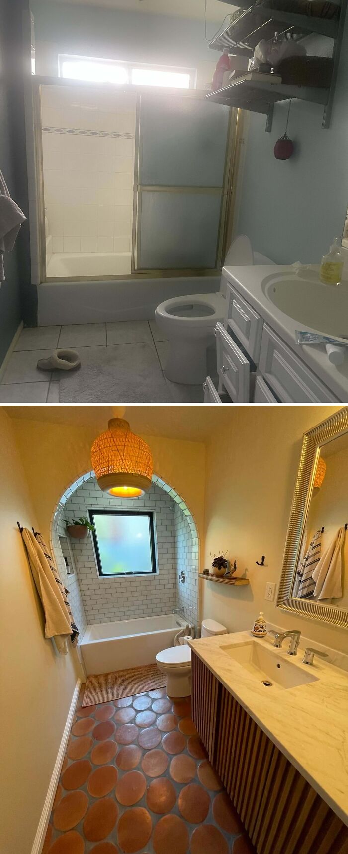 Before and after bathroom renovation showcasing stylish home renovation with tiled walls and decorative flooring.