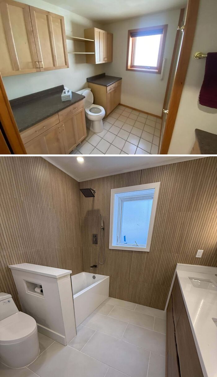 Before and after bathroom renovation showcasing modern design and stylish home renovation improvements.