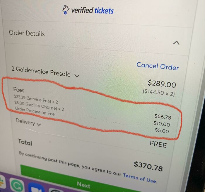 Verified tickets order details showing multiple ridiculous fees including service, facility, and processing charges totaling over sixty dollars.