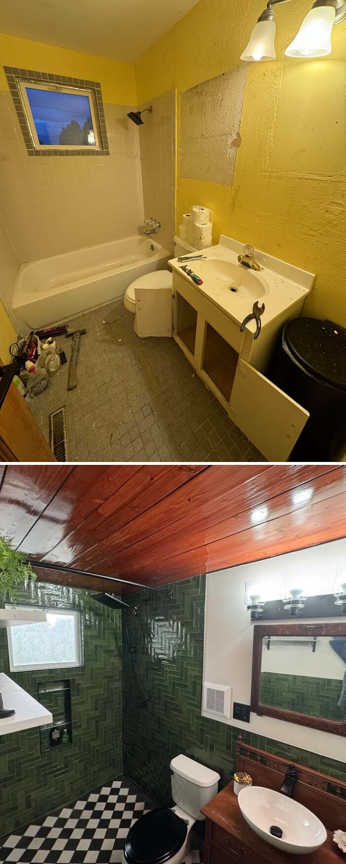 Bathroom renovation with green tiles, checkered floor, and wood ceiling showcasing impressive home renovation transformation.