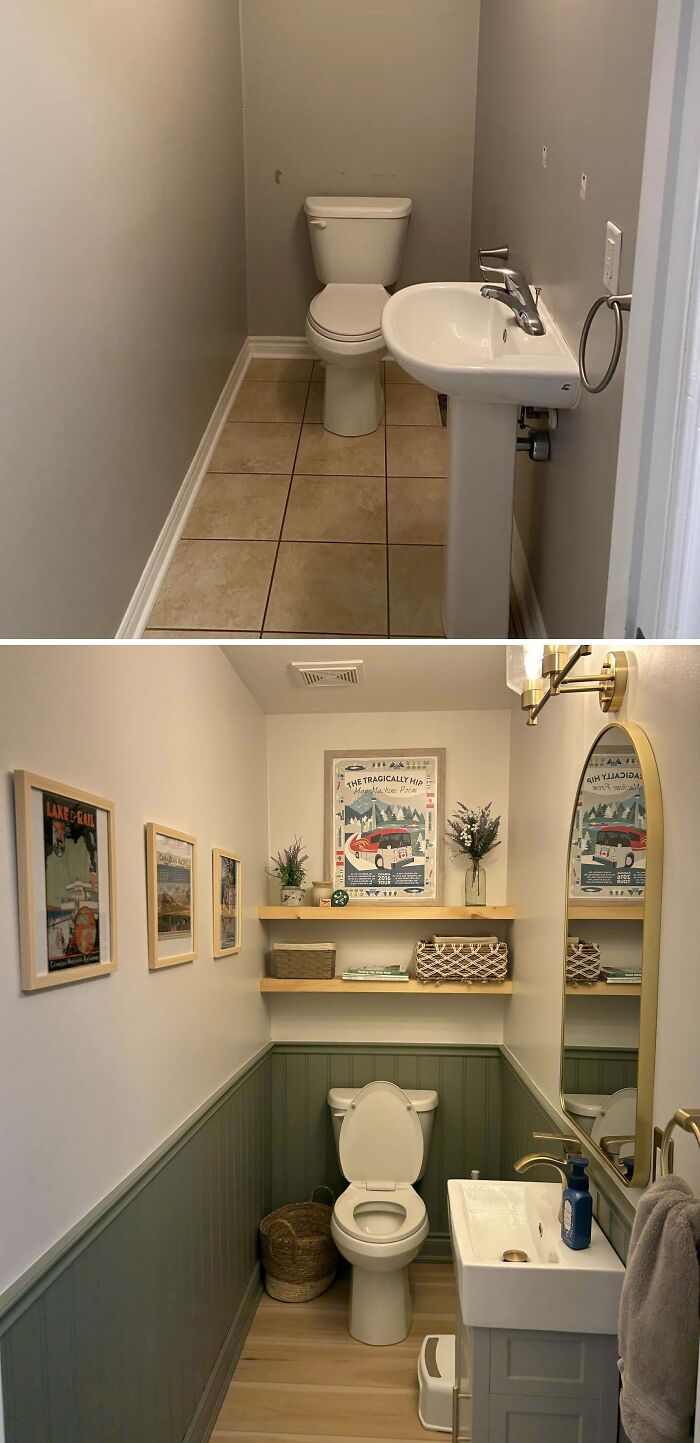 Before and after home renovation of a small bathroom with new decor, paint, shelving, and improved sink and toilet setup.