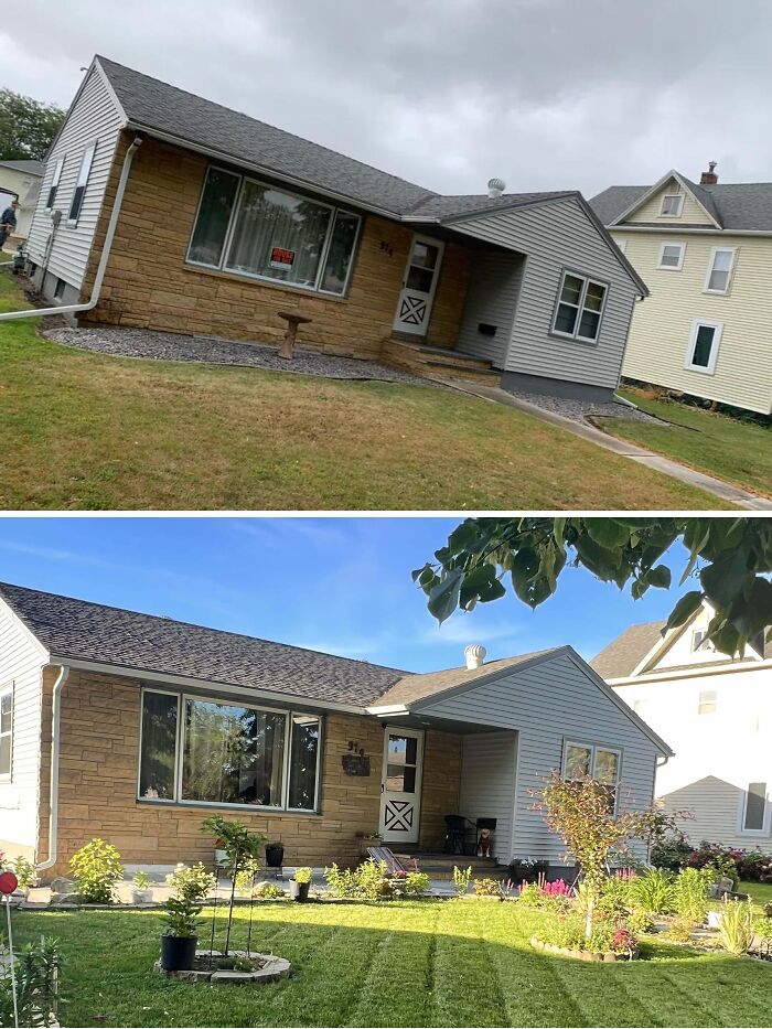 Before and after home renovation showing improved landscaping and exterior in a successful home renovation transformation.