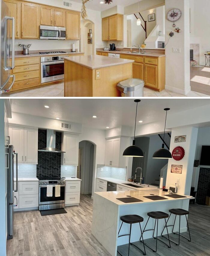Modern kitchen renovation with white cabinets, marble island, and black pendant lights, showcasing impressive home renovation results