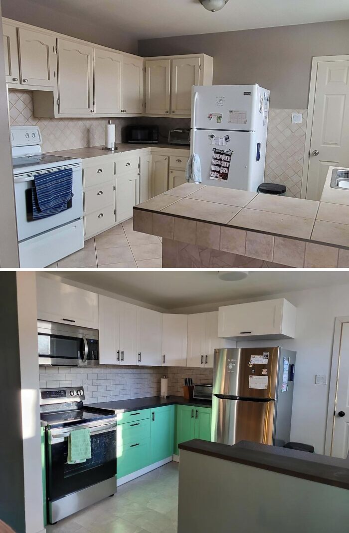 Before and after home renovation showing updated kitchen with modern cabinets and stainless steel appliances.
