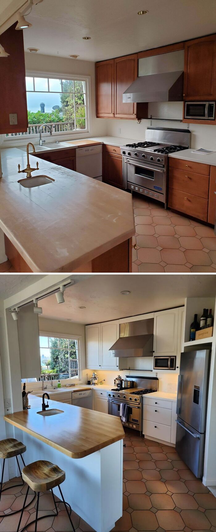 Kitchen renovation before and after showing modern white cabinets, new appliances, and updated countertops in a home renovation.
