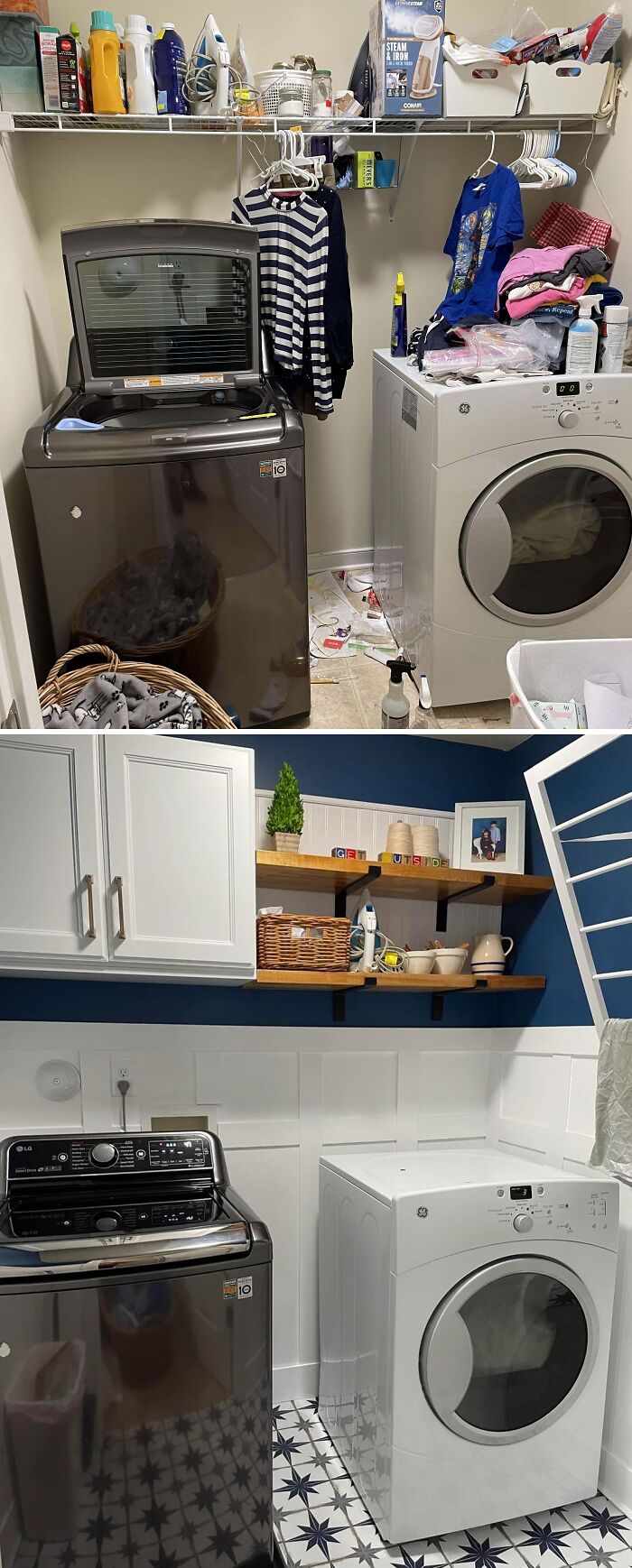 Before and after home renovation showing a transformed laundry room with organized shelves and patterned floor tiles.
