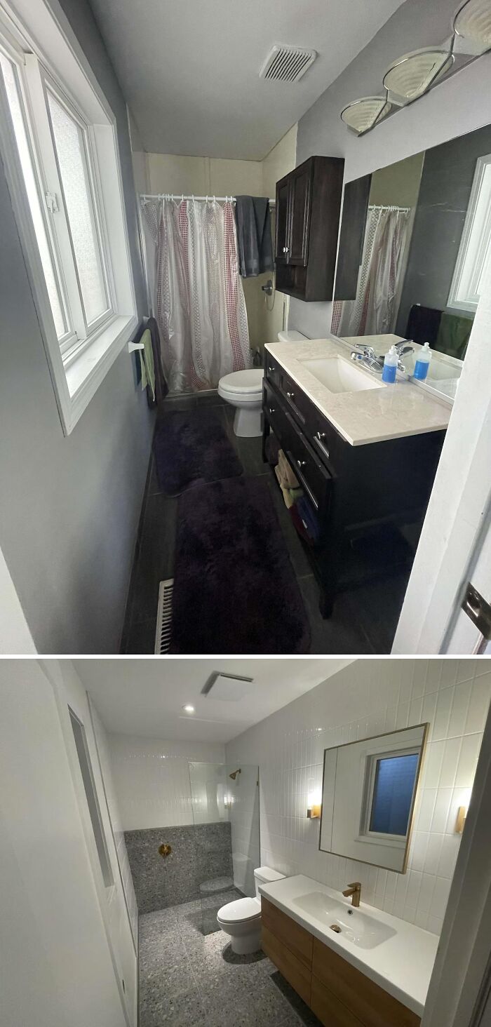 Before and after home renovation showing a modern bathroom with updated fixtures and sleek design in a home renovation.