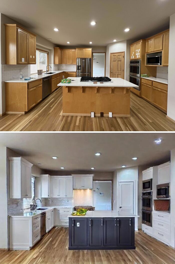 Before and after home renovation showing a modern kitchen transformation with updated cabinets and island upgrade.