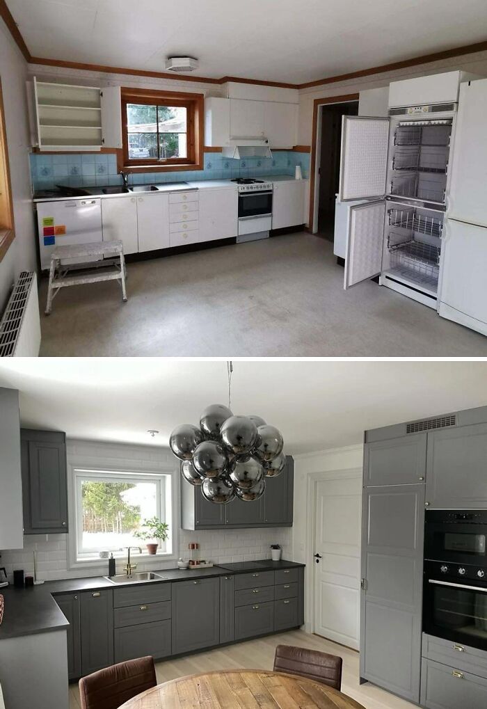 Before and after home renovation showing a modern kitchen transformation with gray cabinets and stylish lighting fixture.