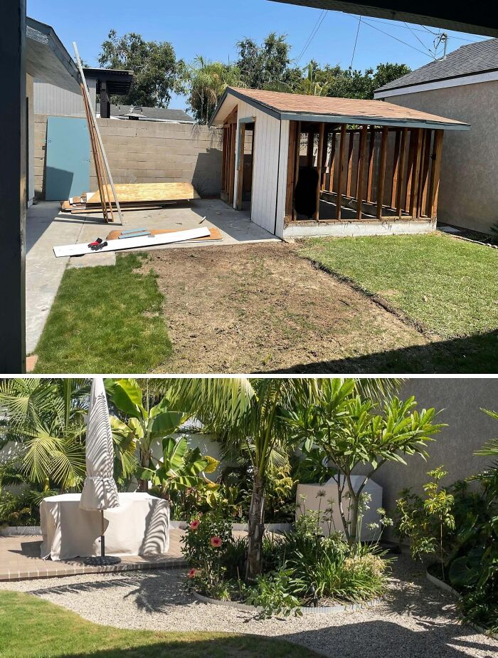 Backyard home renovation showing before with construction and after with garden, greenery, and outdoor seating area.