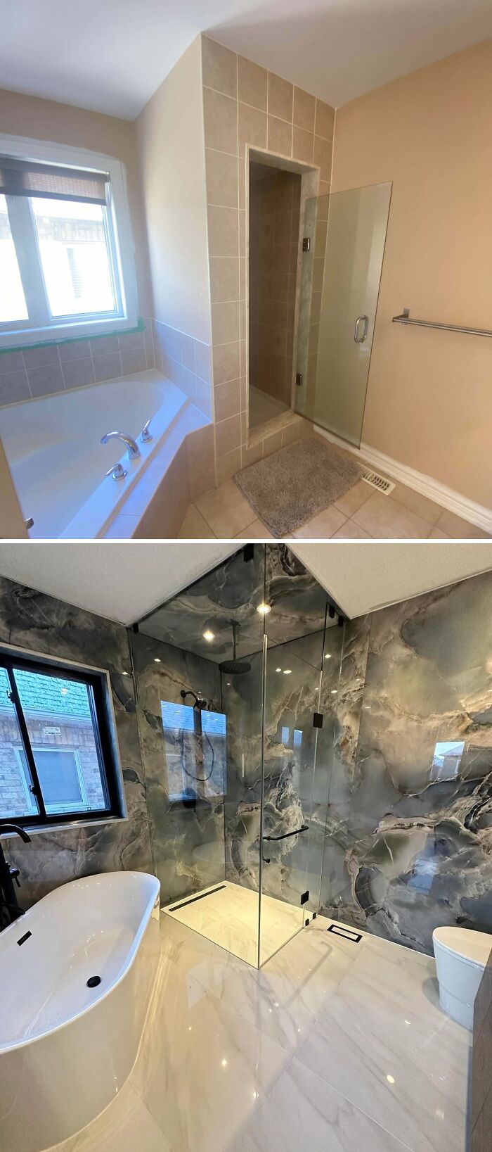 Before and after home renovation showing a modern bathroom transformation with luxury shower and bathtub design.