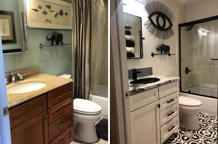 Before and after bathroom renovation showing a modern stylish design that outdid itself in home renovation ideas.