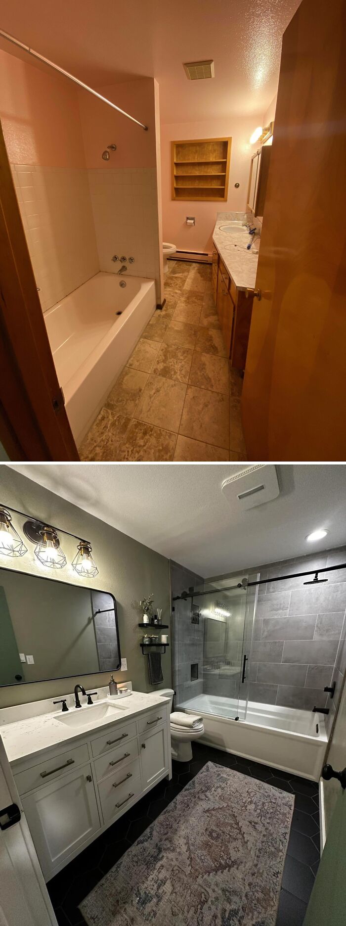 Before and after home renovation of a modern bathroom with updated tiles, lighting, and fixtures enhancing the space beautifully.