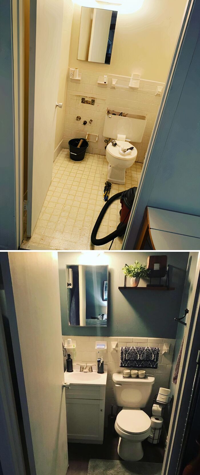 Before and after home renovation showing a small bathroom transformation with updated fixtures and decor.