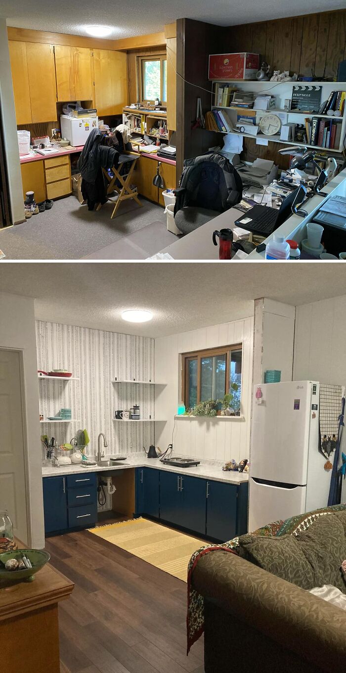 Before and after home renovation showing a modernized kitchen with updated cabinets and flooring in a home renovation project