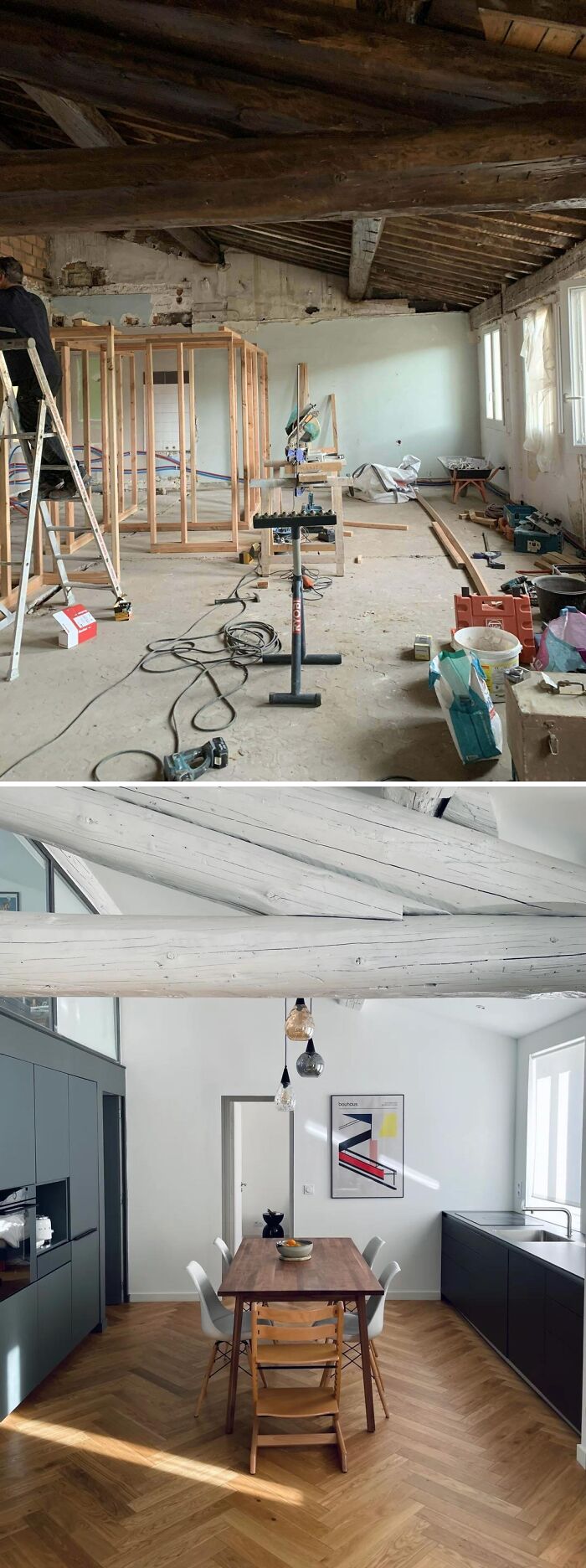 Home renovation project showing before construction clutter and after modern kitchen with exposed beams and wooden flooring.