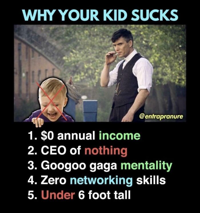 Humorous image mocking internet lies with absurd reasons why a kid s***s, including income and networking skills.